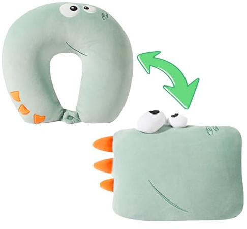 ESYFOR Almohada de Viaje 2-en-1 para Niños, Almohada para el Cuello Convertible Portátil Animales Lindos Cojin de Viaje Peluche de Dinosaurio para Coche,Avión,Oficina,Hogar