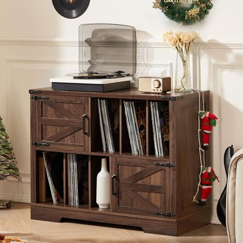 LELELINKY Large Record Player Stand with Storage, 1m Vinyl Records Storage Organizer Cabinet, Farmhouse Wood Vinyl Table with Barn Doors, Mid-Century Turntable Stands for Living Room, Brown