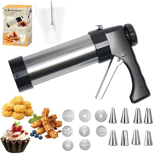 FIRE BULL Set di pressa per pastry in acciaio inox, senza BPA, con 8 punte di glassa e 8 fette (3 churro, 5 biscotti) per panna, pasta e decorazione da forno