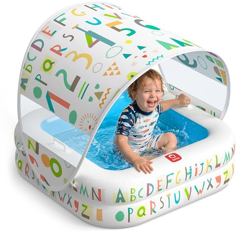 QPAU Baby Pool with Detachable Canopy for Sun Protection, 35 x 10 Portable Inflatable Kids Pool with Padded Bottom, Kiddie Pool & Ball Pit with Handles for Backyard and Indoor, Ages 1-3 (Blue)
