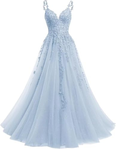 KIYNE Vestido de fiesta formal con tirantes delgados, cuello en V, tul y apliques de encaje con purpurina, vestido de fiesta formal, vestido de baile