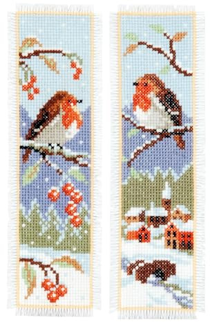 VERVACO Kit Bordado Punto De Cruz Contado Marcapáginas Manualidades Juego de 2 PETIRROJOS Set Completo De Bordado para Principiantes Regalo para Amante De Libros ca. 6 x 20 cm Cross Stitch