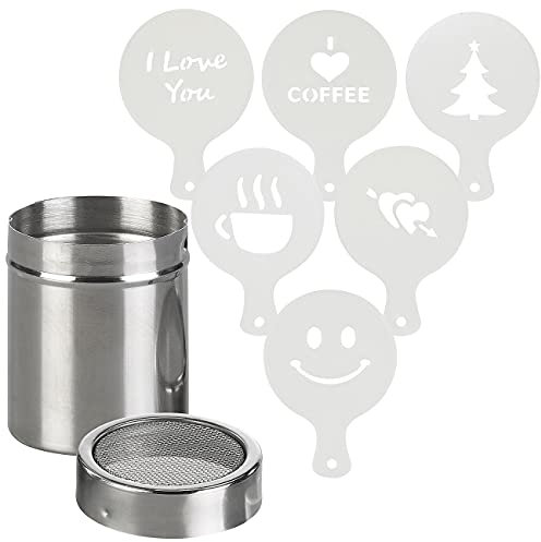 Rosenstein & Söhne Gewürzstreuer: Kakao-Streuer aus Edelstahl mit Deko-Schablonen für Cappuccino & Co. (Kakaostreuer mit Schablonen, Zuckerstreuer, Salzstreuer)