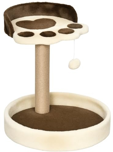 PawHut Albero Tiragraffi per Gatti da 5kg con Lettini e Pallina, Palestra per Gatti con Rivestimento in Peluche e Corda di Juta, 41x41x44 cm, Marrone e Beige