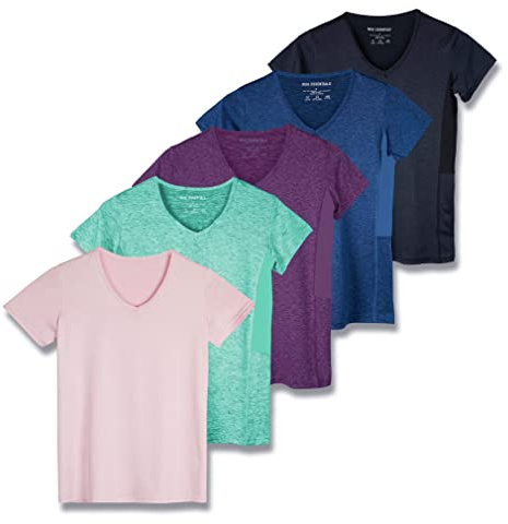 Real Essentials Paquete de 5: Camiseta Deportiva de Manga Corta con Cuello en V para Mujer, Camiseta de Yoga Que Absorbe la Humedad (Disponible en Tallas Grandes), Juego de 15 Unidades., XL