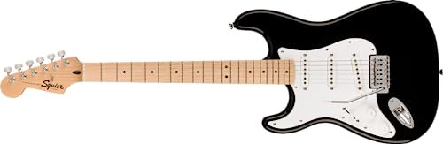 Squier by Fender Sonic Stratocaster Chitarra Elettrica Mancina, Nera, Tastiera in Acero, Battipenna Bianco, Include Lezioni Virtuali Gratuite