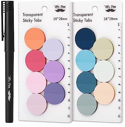 Mr. Pen- Round Transparent Sticky Notes, 1.1” Diameter, 14 Pads, 560 Sheets, Colorful, Water-Resistant See-Through Sticky Notes & Fineliner, Smooth Writing, Note Tabs for Bible Journaling, Studying