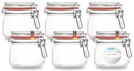 Flaschenbauer - Lot de 6 bocaux de conservation à étrier métallique de 550 ml - Convient comme bocal de conservation et de fermentation - Pour le rangement, le remplissage - Avec étiquettes - Fabriqué