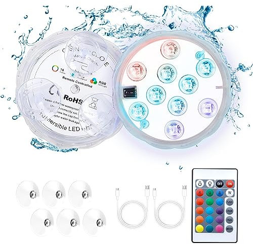 Luci Sommergibili per Piscina RGBW IP68 Impermeabili con Telecomando, USB Ricaricabile, Subacquee con Ventose - Adatta per Giardino, Cerimonia Nuziale, Partito, Vaso 2 Pezzi