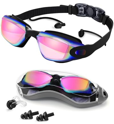 Victoper Adult Swimming Goggles Men & Women One-piece Earplugs Anti-fog Swim Goggles Provide UV Protection Swimming Goggles for Adult Leak-free Experience During Swimming Black+Pink