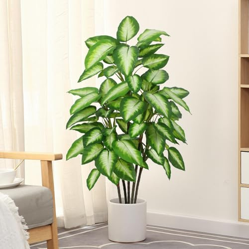 FLOWORLD Artificial Golden Dieffenbachia 4ft Tall Artificial Plants Indoor Decorative Silk Plants Potted Faux Tropical Tree Lifelike House Floor Large Fake Tree for Home Living Room