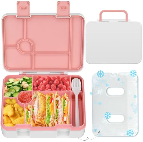 Kids Bento Lunch Box with Ice Pack, 5 Compartments Leak-Proof Bento Box with Utensils, 5.5-Cup Capacity for Adults & Ages 8+, BPA Free, Microwave & Dishwasher Safe, Pink