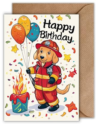 Kinder Geburtstag Karte mit Umschlag - Süße Geburtstagskarte Junge Mädchen “Happy Birthday Feuerwehr Hund Glückwunschkarte für Jungen Happy Birthday Karte mit Hund im Feuerwehr-Outfit (DIN A6)
