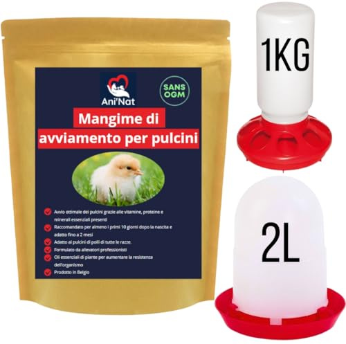 Kit completo pulcini: cibo 1800 g ricco di proteine, con oli essenziali, vitamine, minerali, + abbeveratoio 2L + mangiatoia 1kg - senza OGM né antibiotici