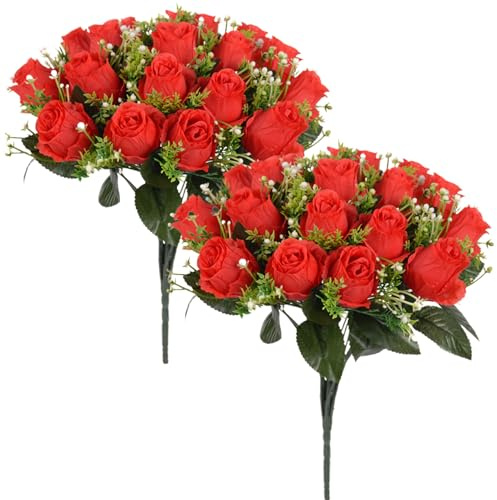 BEAHING kyrkogårdsblommor – 2 paket med 24 huvuden realistiska falska rosor för gravar, 40 cm utomhus konstgjorda röda blommor