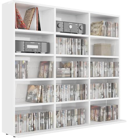 Gecheer Tekniskt trä-CD-skåp, CD-torn, DVD-förvaringsskåp med 15 öppna fack, CD- och DVD-hylla, för vardagsrum, sovrum, kontor, 102 x 23 x 89 cm