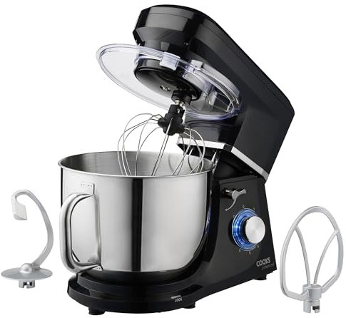 Cooks Professional Stand Mixer 1200W with 6 Speeds & Pulse Function, 7L Stainless Steel Mixing Bowl, Splash Guard, Whisk, Beater & Dough Hook | Electric Kitchen Mixer for Cakes, Bread, Baking | Black