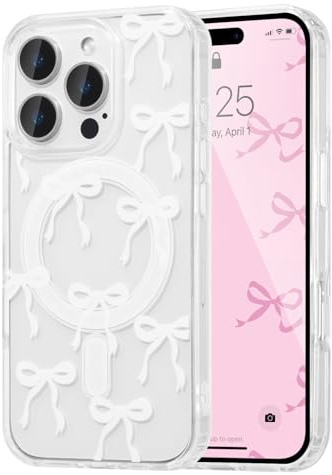 UEEBAI Magnetic for iPhone 14 Pro Max Case, Bow Case Compatible with MagSafe, Wireless Slim Clear Ribbon Aesthetic Phone Cover Anti-Yellowing Shockproof Protective Cover for Women Girl - White