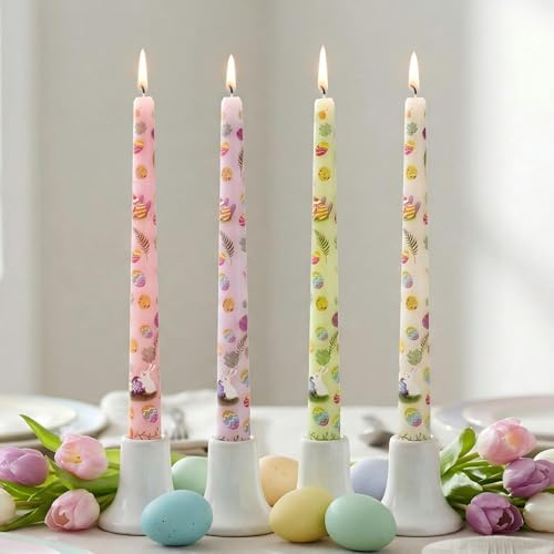 FYBW 4 Pack Easter Printed Taper Candles, 10 Inch Tall Tapered Candles with Bunny & Egg Designs for Easter Dinner Table Home Party Decor