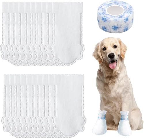 40 PCS Disposable Dog Boots Waterproof Dog Paw Protectors with Self-Adhesive Bandage, Anti-Licking Dog Socks, Dustproof Pet Shoes for Indoor Outdoor Walking (White)