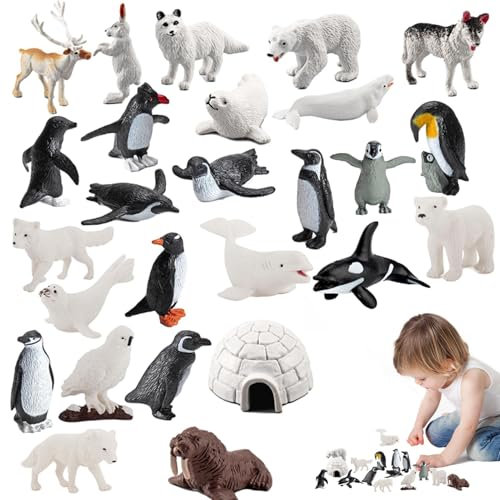 Djowyh 26 Stück Realistische Arktische Tiere-Figuren, Polar Spielfiguren Set, Polar Spielzeug Winter Figuren Tierfigur, Enthält Eisbär, Kuchen Dekoration, Weihnachts Geburtstags Geschenk