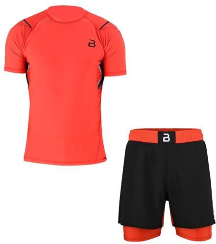 2BOLD MMA, BJJ Long Sleeve Compression Rash Guard Shirt For Men, Jiu Jitsu Compression Shorts 2PC Quick Dry Workout Gym Set (Orange HS, X-Large)