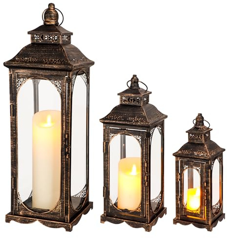 TRIROCKS 3er Set Vintage Kerzenlaternen 26/35/50 cm H Dekorative Metall Kerzenständer Halter mit gehärtetem Glas für Wohndekoration Garten Hof Party Hochzeiten Innenbereich Außenbereich (Schwarz)