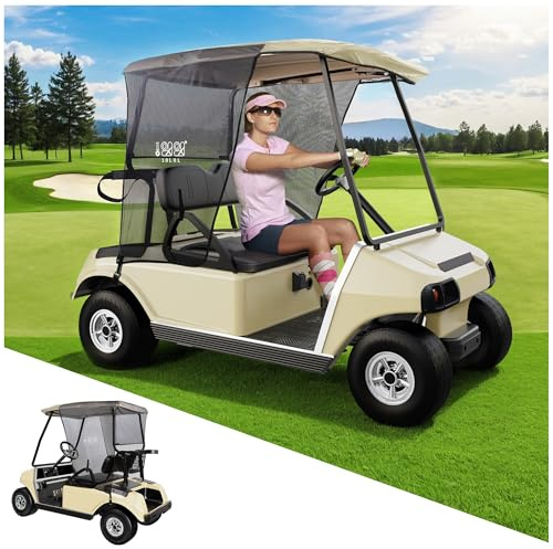 10L0L Golf Cart Sun Shade Cover for Club Car DS Precedent & EZGO TXT RXV, Superior UV Heat Blocking Polyester Mesh Sun Screen (Beige Color)