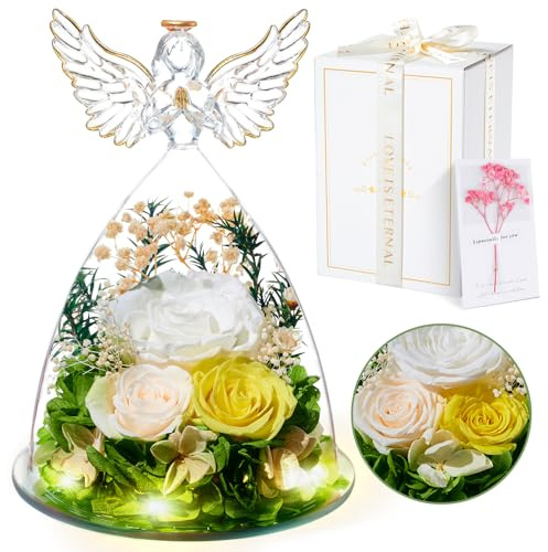 Regalos Originales para Mujer Día de la Madre, Rosa Eterna Flores Preservadas en Ángel Figura, Regalos para Mamá Madre Abuela Esposa Novia, Cumpleaños Navidad Acción de Gracias Aniversario, Blanco