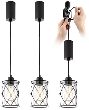 mirrea H-Type Black Track Lighting Pendant with Dotted Cage Clear Glass, Adjustable Hanging Light, E26 Socket, Pack of 3