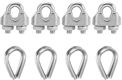 sourcing map Juego de 4 abrazaderas de clip de cable de cuerda de alambre de 1/8 pulgadas M3 pequeñas de acero inoxidable 304 con perno en U, accesorios con dedal para aparejos seguros, tendedero