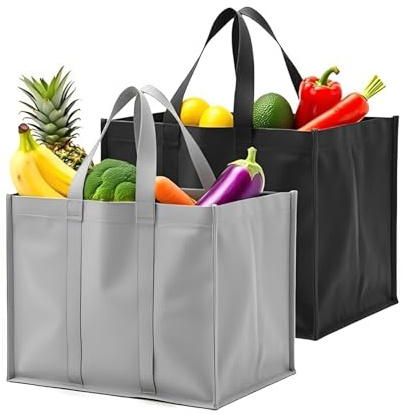 DtgEcd 2-Pack Reusable Grocery Bags, Large Shopping Bags Foldable & Durable for Supermarket Trolly, Heavy Duty Tote for Grocery Shopping, Daily Use, and Travel, Black and Gray Set