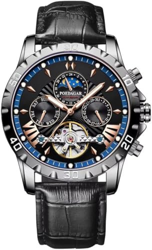 W WOLF-CUB Tourbillon automatisk armbandsur vattentät lysande datum vecka läder män klocka mekaniskt mode herrklockor Reloj Hombre, Svart blå