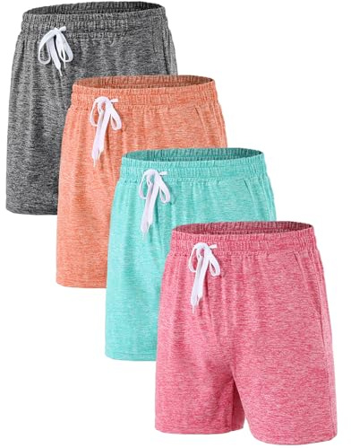 Mexholin 4 Pack Girls Sports Shorts with Pockets Girls Cycling Shorts Summer Casual Kids School PE Athletic Short for Gym Dance Running Black/Orange/Green/Hot Pink L