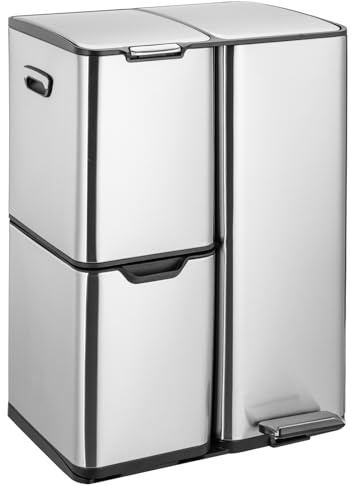 LIFERUN Mülleimer 3 Fächer, 60L Mülltrennsystem (30 + 17 + 13 L) mit Softclose Deckel, Abfalleimer Küche aus Edelstahl Metall, Inneneimer Abnehmbar mit Griffe,Treteimer, Silber