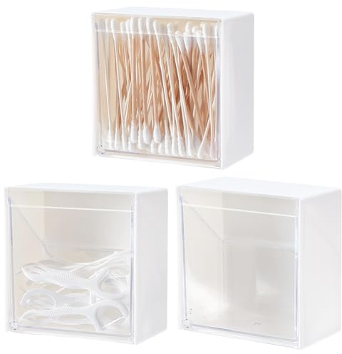 UNICRAFTALE 3 pezzi porta cotone montabile a parete per elastici per capelli scatola di immagazzinaggio in plastica per cotone asta porta palline di cotone bianco con coperchio a dondolo e 3 adesivi
