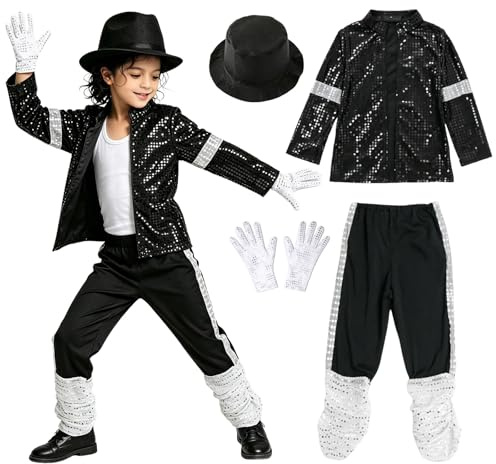Deguisement Roi de la Pop Garcon 4 Pieces à Années 80-90 Veste A Paillettes Argentees Pantalon Chapeau Gants pour Halloween Carnaval Cosplay Spectacle Enfant 6-14 Ans