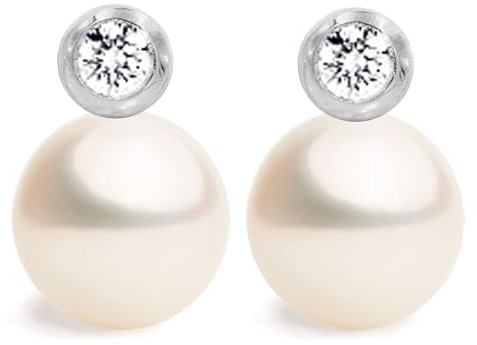 Pendientes de mujer de perlas cultivadas de agua dulce de 10,50 a 11 mm botón con circonita SECRET & YOU. Diseño Tú y Yo - Pendientes de Plata de Ley Rodiada de 925 milésimas con Cierre Omega.
