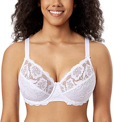 Delimira Women's Full Coverage Non-Foam Floral Lace Plus Size Underwired Bra White 38F