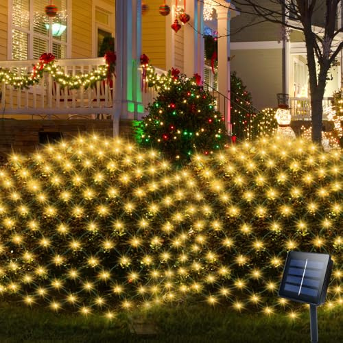 DealBeta Solar LED Net Lights 9.8 x 6.6Ft, 200 LEDs Net Mesh Lights, Solar Outdoor Bush Mesh Light Dark Green Cable with 8 Modes for Trees Bushes Garden Yard Decoration - Warm White