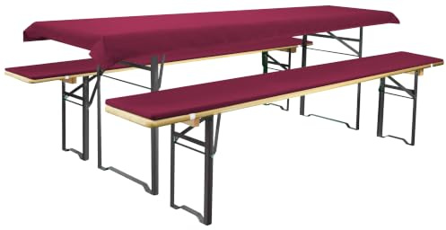 Brandsseller Set Birreria 3 pezzi – 2 Cuscini imbottiti per Panche 220x25 cm e 1 Tovaglia 240x90 cm – Ideale per Sagre, Giardino, Feste all’aperto – Mirtillo