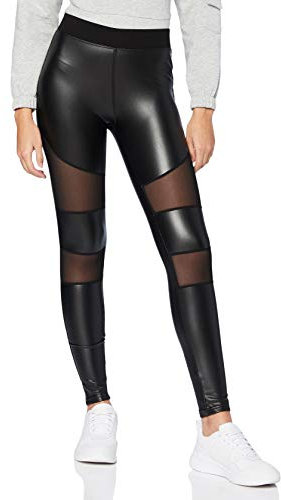 Urban Classics Damen Ladies Tech Mesh Faux Leather Leggings, Black, L