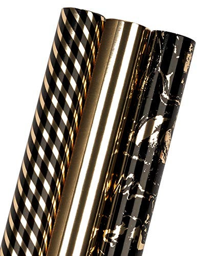 RUSPEPA Kraftpapier Rollen zum Geburtstag – Mini-Rollen Set – 43,2 cm x 3,05 m pro Rolle – 3 verschiedene schwarz-goldene Marmorstreifen-Designs