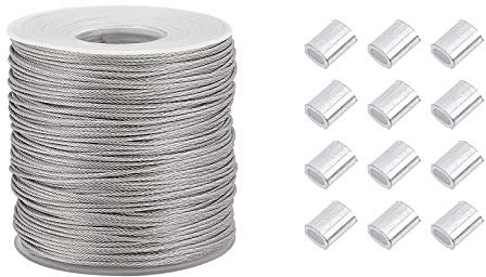 PH PandaHall 100m Filo Acciaio per Appendere Quadri 1 mm Filo in Acciaio Inox Cavo Intrecciato con 30pz Manicotto a Crimpare per Cornice per Foto Lamp Tende Giardino