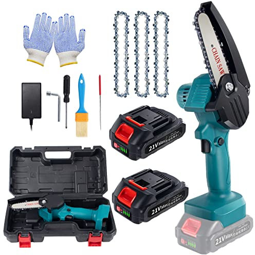 Mini motosega a catena con batteria, 21 V, 4 pollici, mini motosega con 2 batterie e caricabatterie, con una sola mano, illuminazione a LED per cesoie da giardino, tagliasiepi in legno