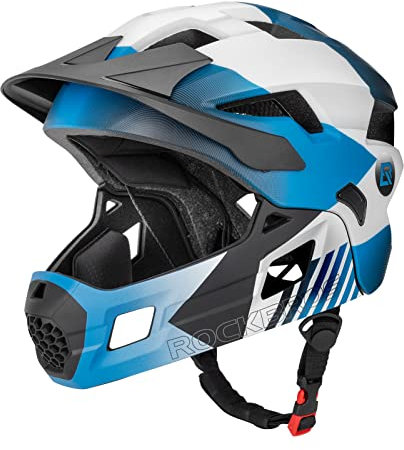 ROCKBROS Kinderhelm Integriert Fahrradhelm Kinder Jugend Fullface Helm mit Abnehmbarem Kinnschutz BMX MTB Downhill Helm, Blau (Abnehmbare krempe) S 48-52cm