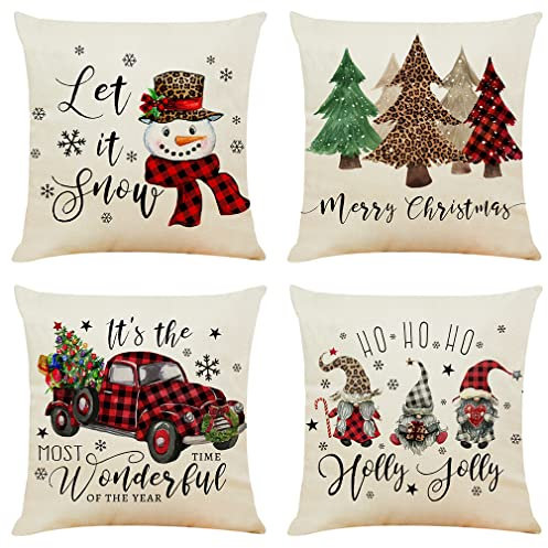 NIULAA Weihnachten Kissenbezug 50x50 4er Set Weihnachtsdeko Kissenhülle Dekokissen Weihnachtskissenbezug Deko Kissen Landhausstil Sofakissen Leinen Kissenbezüge für Sofa Couch Wohnzimmer