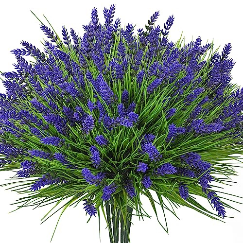 20 Bundles Artificial Plants Outdoor, UV Resistant Fake Flowers， Realistic Faux Lavender Shrubs for Porch Garden Window Box Home Decoration (Purple)