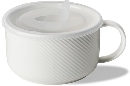 Adewnest Oversized Soup Bowl with Handle: 38 oz Ceramic Soup Mug with Lid - Microwave Safe Jumbo Food Storage Container for Ramen Cereal Breakfast Meal Prep Office Lunch Dorm Living - White 6 Inch
