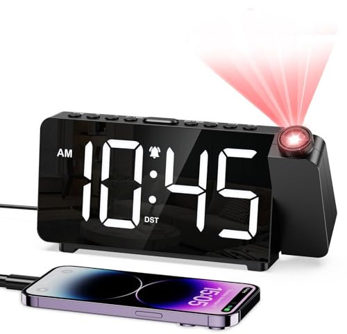 OQIMAX Reveil Projecteur Plafond, Réveil Projection, Horloge Digitale Projecteur 180° avec 4 Niveaux de Luminosité, LED 6.4, Recharge USB, 12/24H, DST, Snooze, 3 Niveaux de Volume pour Chambre Bureau